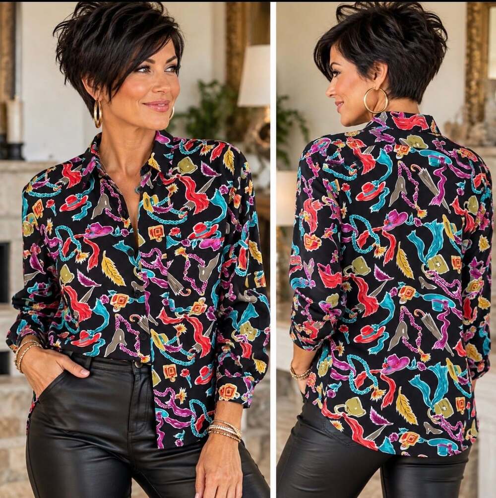 Vintage Diane von Furstenberg DVF Novelty Print Blouse Size 10 Hats Purses Heels